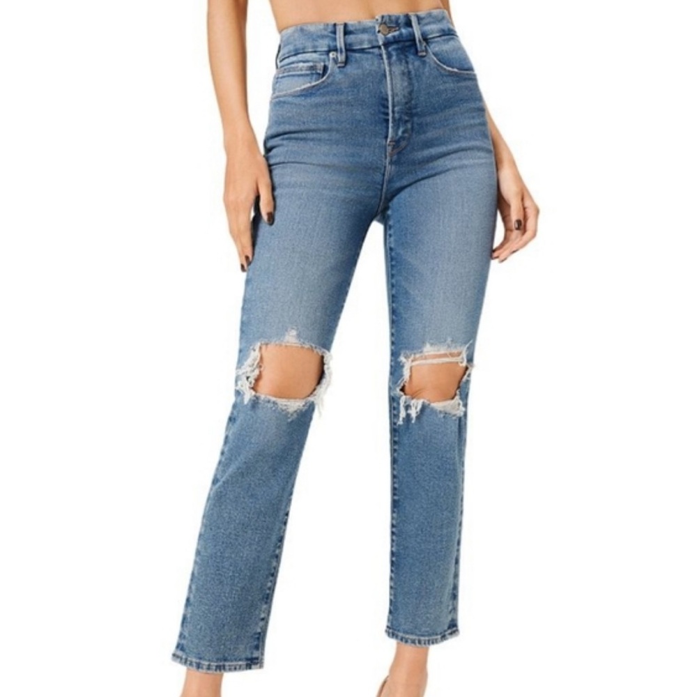Good American Blue Ripped Ankle Jeans Straight Leg 4/27